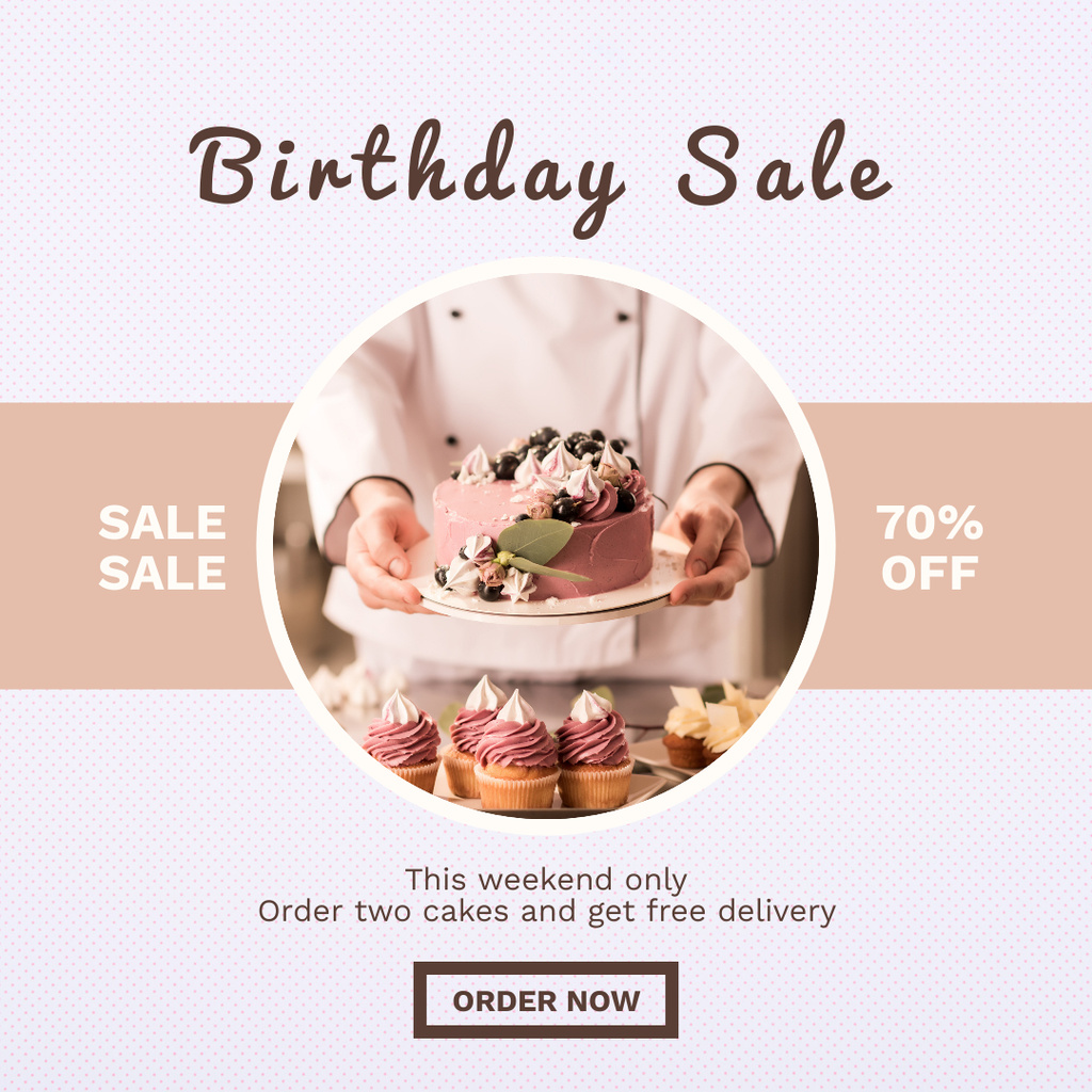 Designvorlage Birthday Sale Ad with Tasty Cake And Free Delivery für Instagram