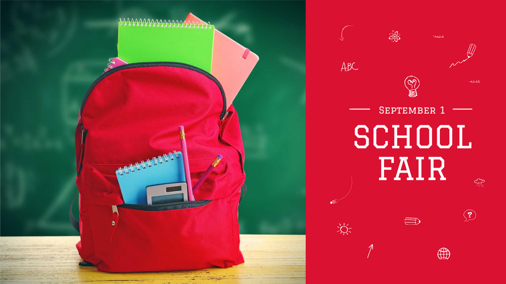Back to School Fair Announcement With Backpack In Red FB event cover Tasarım Şablonu