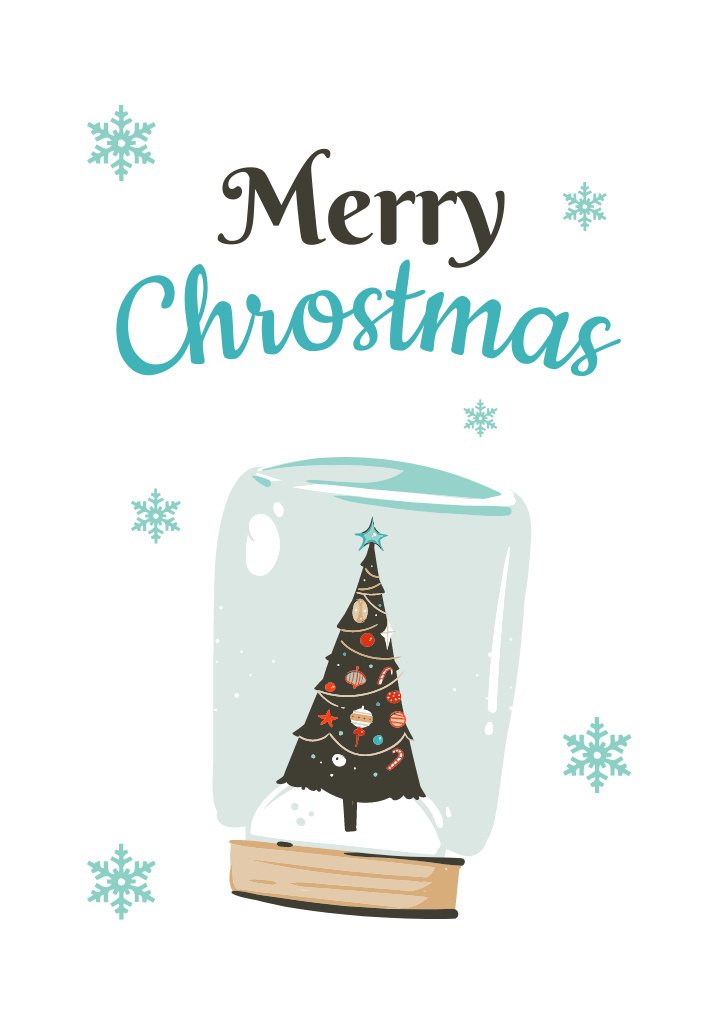 Designvorlage Christmas Wishes with Tree in Glass and Snowflakes für Postcard A6 Vertical