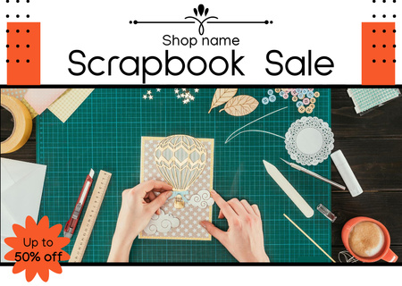 Designvorlage Scrapbooking-Verkaufsangebot mit Werkzeugen für Card
