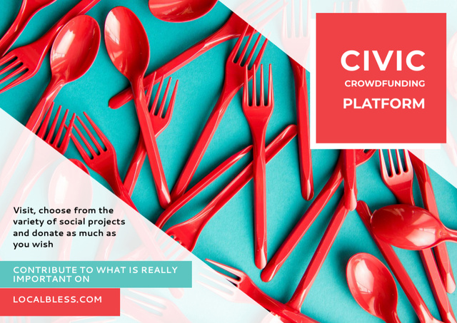Crowdfunding Platform with Red Plastic Tableware Postcard Design Template