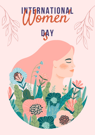 International Women's Day Greeting with Woman in Pink Flowers Poster Tasarım Şablonu