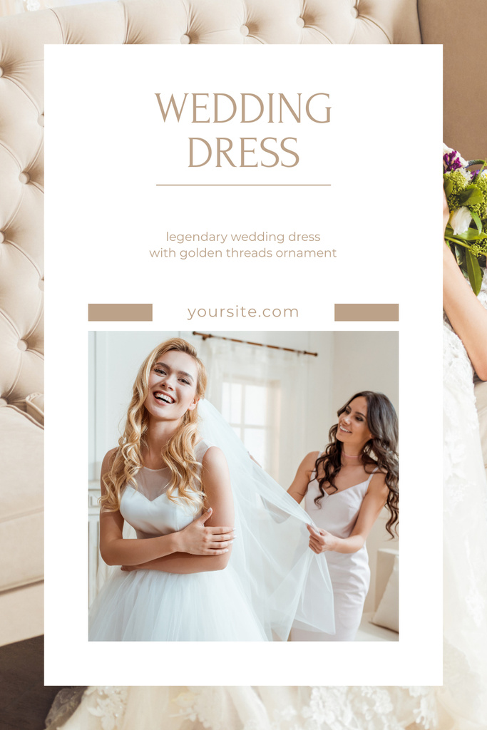 Wedding Shop Offer with Bridesmaid Preparing Bride for Ceremony Pinterest Design Template