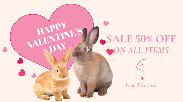 Discount Offer on All Items with Cute Bunnies for Valentine's Day FB event cover Tasarım Şablonu