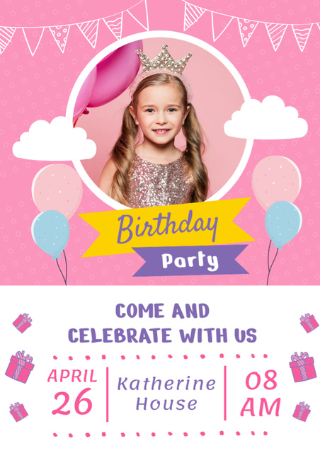Birthday Party Invitation with Cute Girl Flyer A4 Tasarım Şablonu