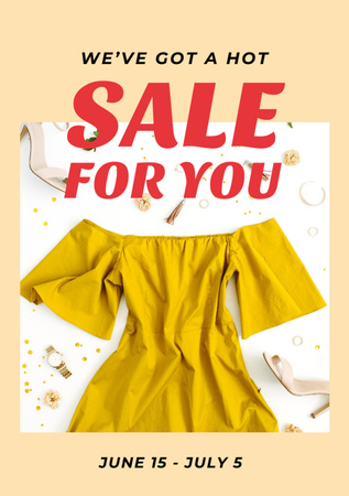 Clothes Sale Stylish Female Outfit in Yellow Flyer A7 Design Template