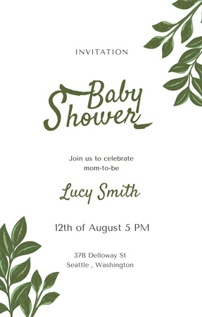 Modern Baby Shower Announcement With Green Leaves Invitation 4.6x7.2in Design Template