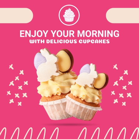 Plantilla de diseño de Oferta de Venta de Deliciosos Cupcakes en Rosa con Conejos de Pascua Instagram 