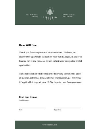 Szablon projektu Oficjalna odpowiedź firmy z branży nieruchomości w sprawie bieli i zieleni Letterhead 8.5x11in