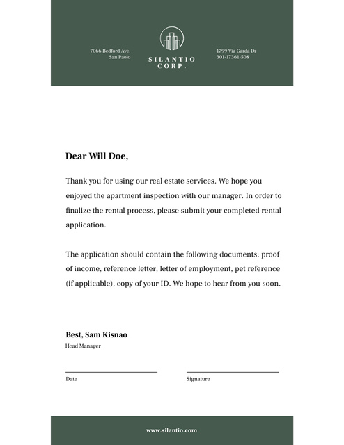 Real Estate Company Official Response on White and Green Letterhead 8.5x11in Πρότυπο σχεδίασης