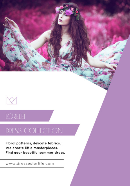 Fashion Ad with Woman in Purple Floral Dress Poster 28x40in Design Template