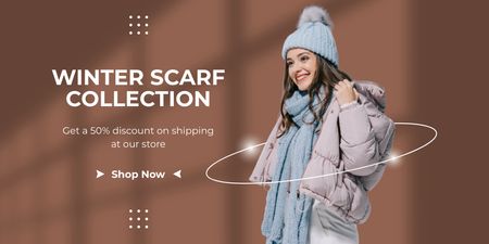 Winter Scarf Sale Announcement with Young Attractive Woman Twitter Design Template