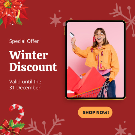 Winter Discount Offer with Girl holding Credit Card Instagram tervezősablon