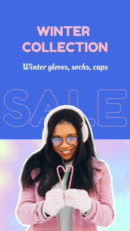 Ontwerpsjabloon van Instagram Video Story van Winter Collection Announcement with Woman in Warm Clothes