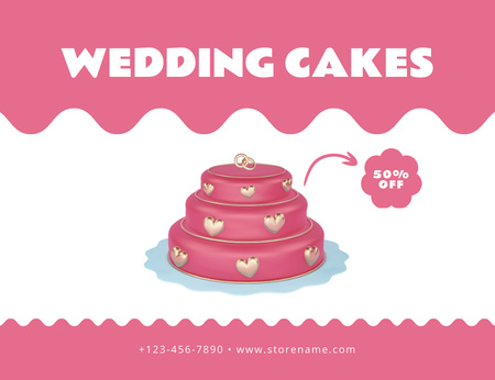 Pink Wedding Cake with Golden Hearts Thank You Card 5.5x4in Horizontal Design Template