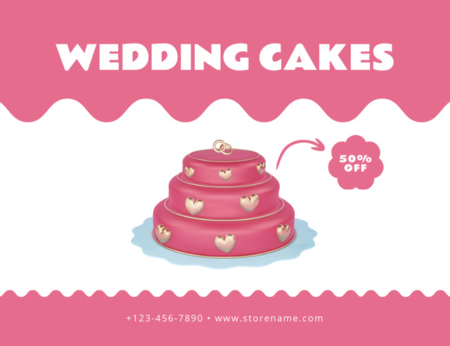 Designvorlage Wedding Cake with Golden Hearts für Thank You Card 5.5x4in Horizontal