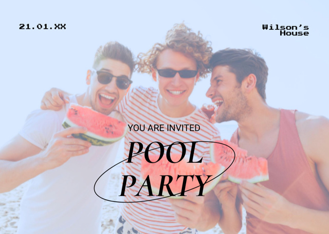 Pool Party Announcement with Happy Young Men Flyer 5x7in Horizontal Design Template