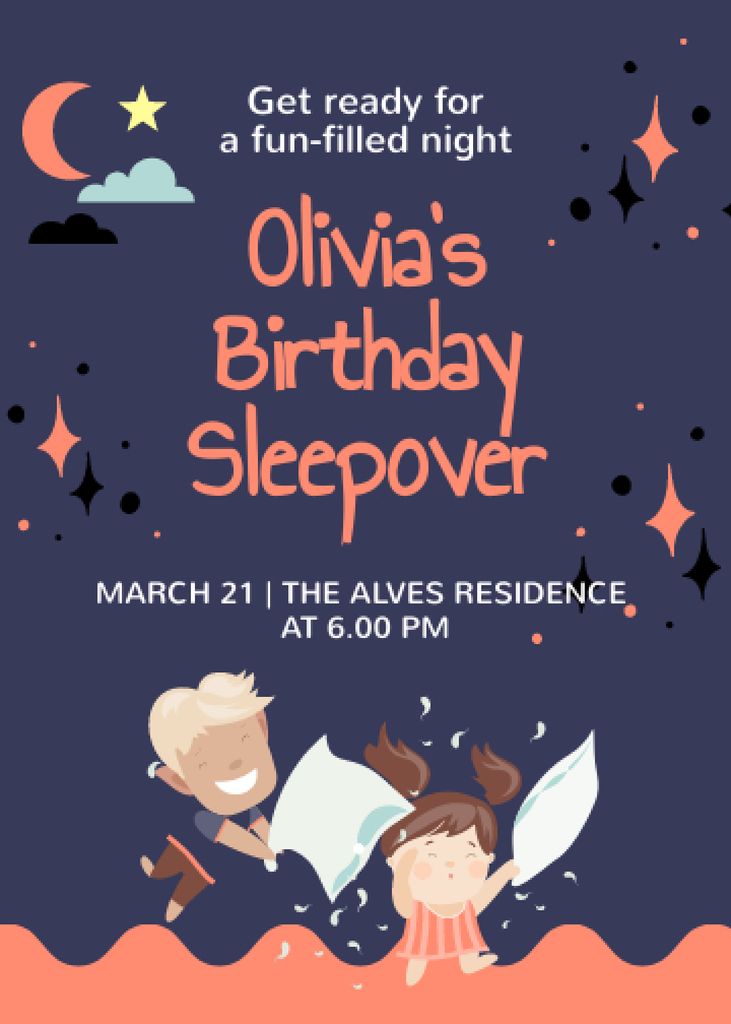 Funny Olivia's Birthday Sleepover with Cute Illustration Invitation Design Template