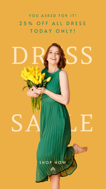 Female Fashion Clothes Sale with Woman holding Bouquet Instagram Story Modelo de Design