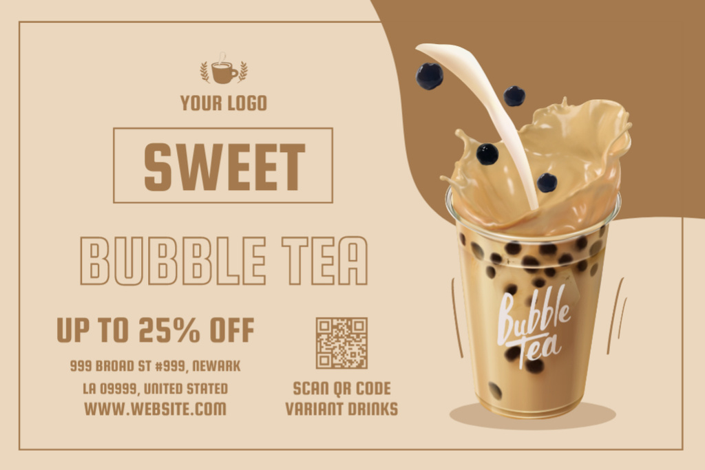 Sweet Bubble Tea on Beige Label Tasarım Şablonu