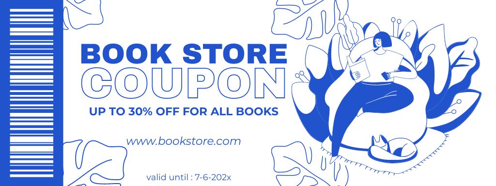Bookstore Discount Offer with Blue Illustration Coupon Modelo de Design