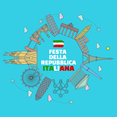 Italian National Day Ad with Cartoon Architectural Sights Instagram Design Template