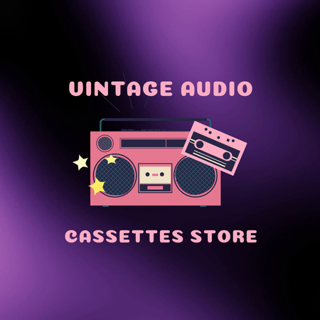 Cassete de áudio rosa e reprodutor de loja de antiguidades Animated Logo Modelo de Design