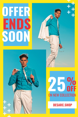 Fashion Ad with Man Wearing Suit in Blue Pinterest Tasarım Şablonu