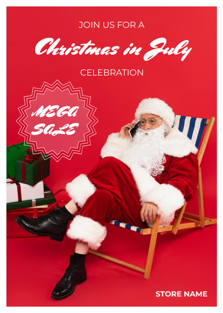 Christmas in July Mega Sale with Santa Claus Chaise Lounge Flayer Design Template