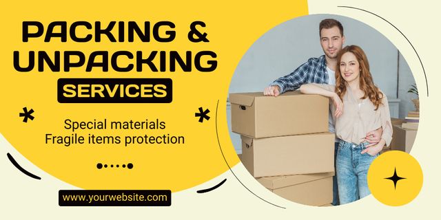 Services of Packing and Unpacking with Couple in New Home Twitter Design Template