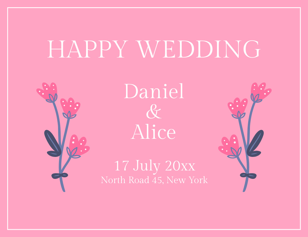 Wedding Invitation on Simple Pink Layout Thank You Card 5.5x4in Horizontal Design Template