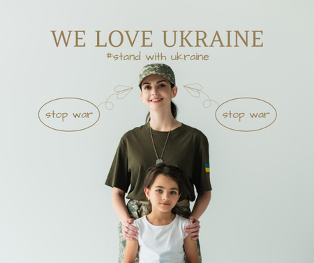 Ontwerpsjabloon van Facebook van Oekraïense militaire vrouw met kind