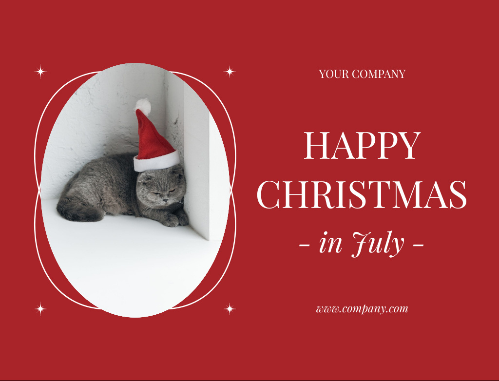 Plantilla de diseño de Inspirational Christmas in July Greeting with Festive Cat In Hat Postcard 4.2x5.5in 