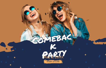 Designvorlage Ankündigung einer Comeback-Party mit fröhlichen Mädchen und Konfetti für Flyer 5.5x8.5in Horizontal
