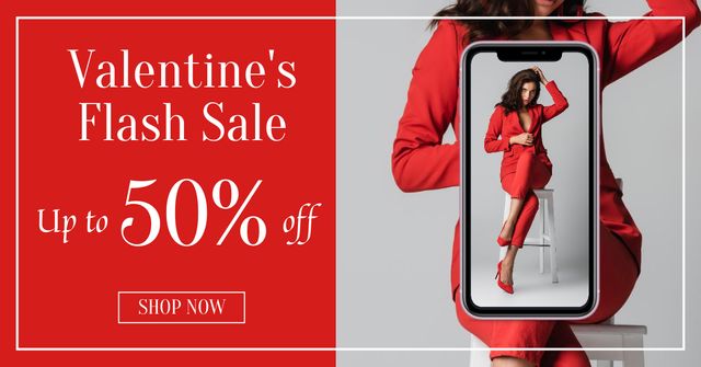 Valentine's Day Sale with Attractive Woman in Red on Screen Facebook AD – шаблон для дизайна