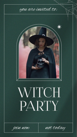 Halloween Party Announcement with Girl in Witch Costume Instagram Video Story Modelo de Design