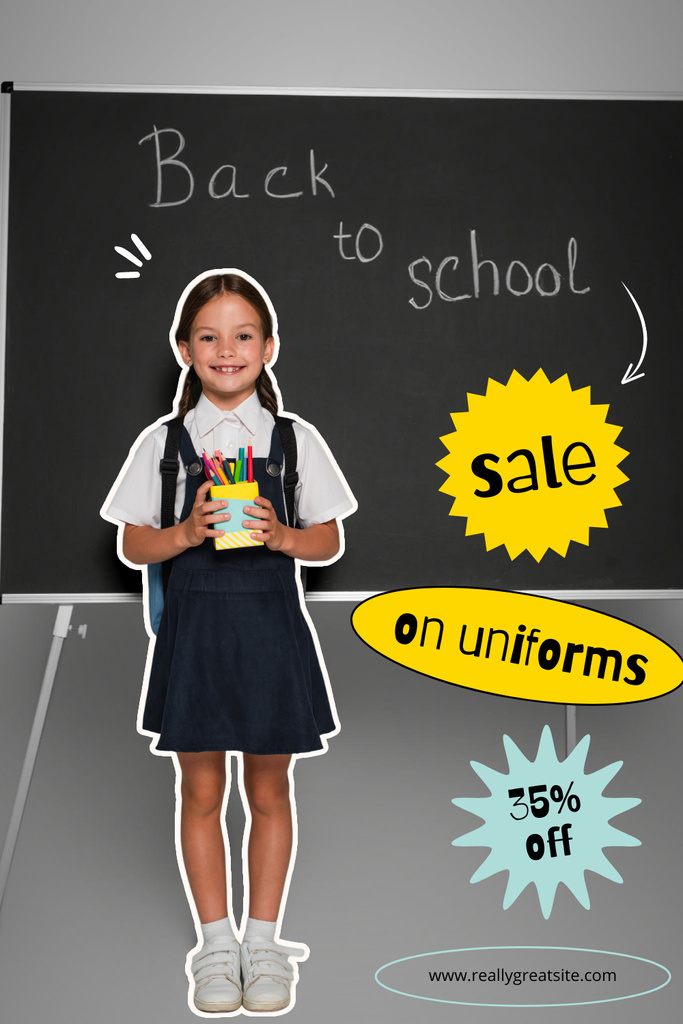 Designvorlage Discount on Goods with Girl in School Uniform für Pinterest