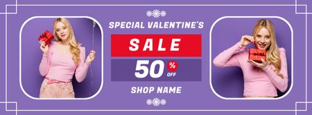 Valentine's Day Sale Collage with Attractive Young Blonde Woman Facebook cover Design Template