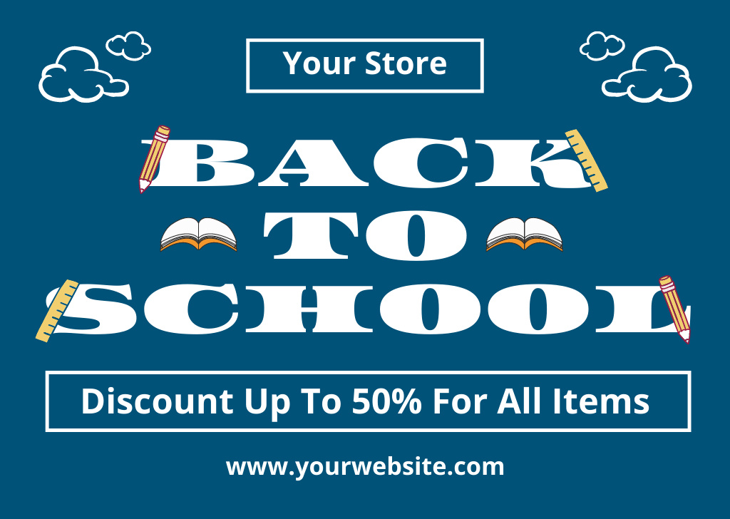 Discount Announcement for All School Supplies on Blue Card Design Template