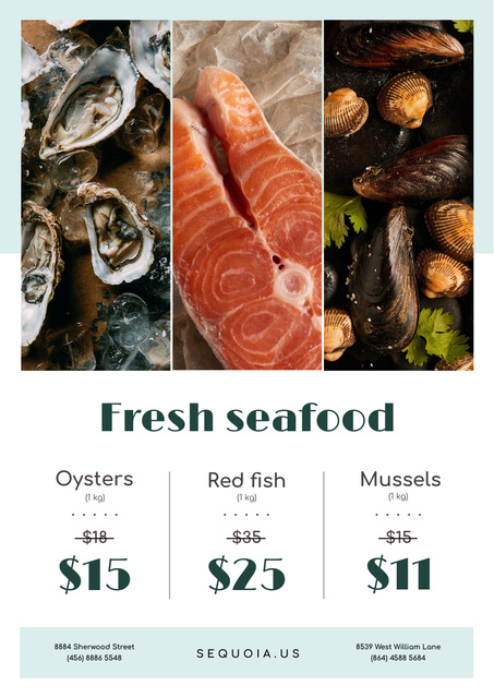 Szablon projektu Seafood Offer with Fresh Salmon and Mollusks Poster A3