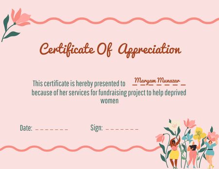 Certificate of Appreciation with Flowers in Pink Certificate Tasarım Şablonu