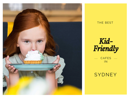 Lista de café crianças com menina segurando Cupcake no prato Presentation Modelo de Design