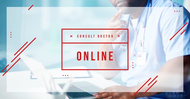 Ontwerpsjabloon van Facebook AD van Online Consultation Ad Thoughtful Doctor in Clinic