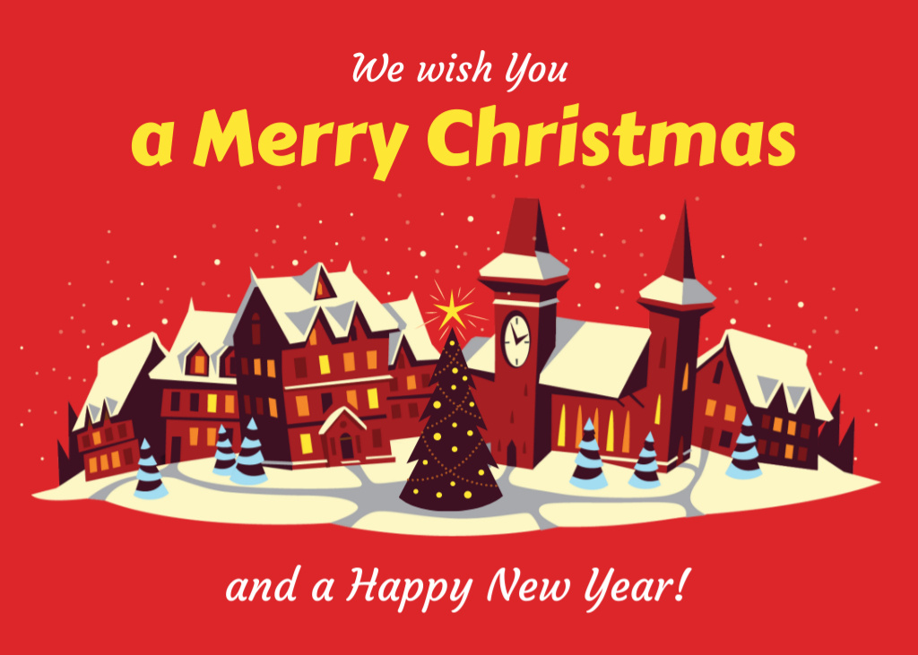 Christmas And New Year Greetings with Illustrated Village Postcard 5x7in – шаблон для дизайну
