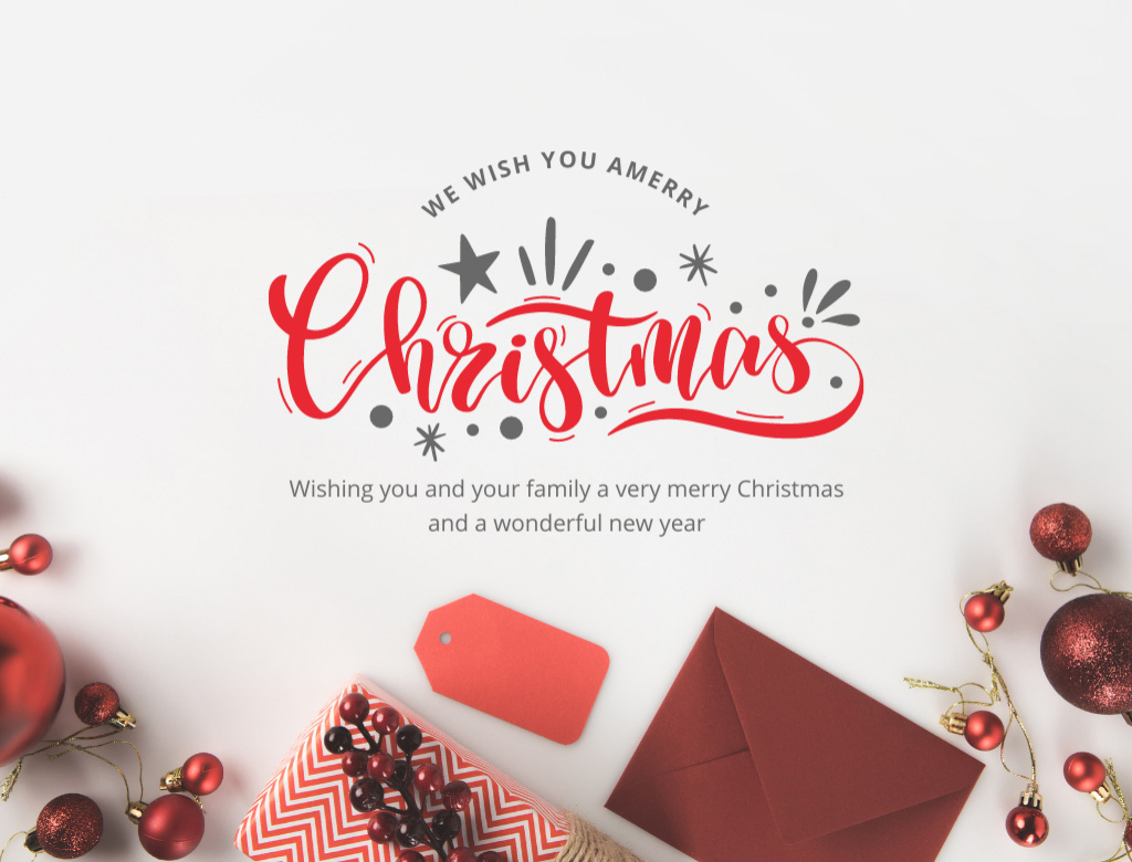 Christmas and New Year Wishes with Holiday Decor and Gift Postcard 4.2x5.5in – шаблон для дизайну