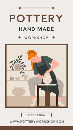 Plantilla de diseño de Anuncio de taller de cerámica con mujer haciendo vasijas de barro Instagram Video Story 