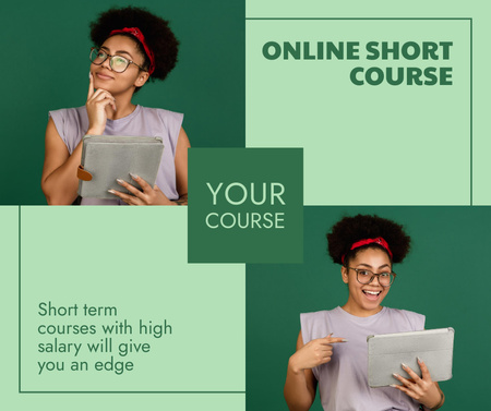 Online rövid tanulási kurzus promóciója zöld színben Facebook tervezősablon