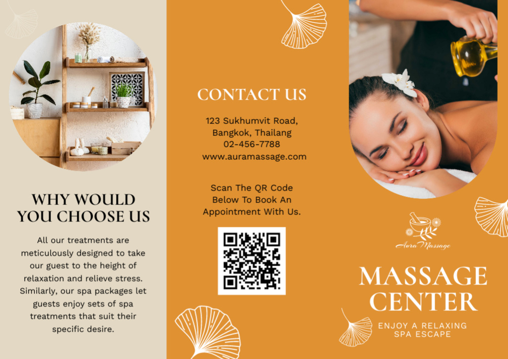 Massage Center Advertisement with Smiling Woman Brochure – шаблон для дизайна
