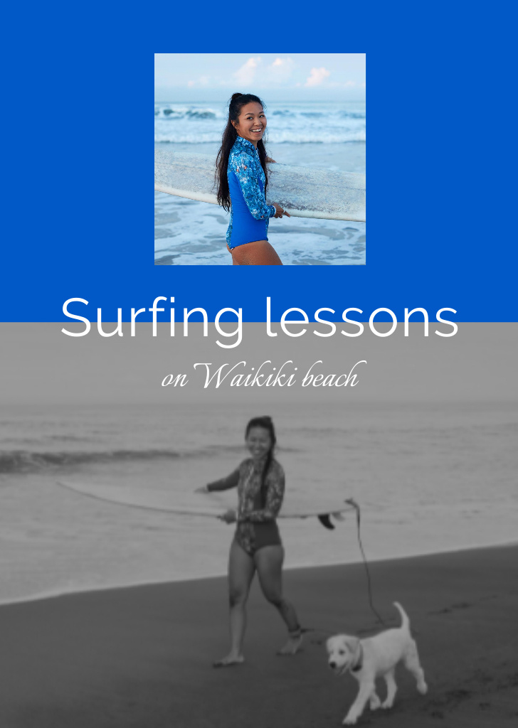 Surfing Lessons Offer with Woman walking with Dog on Beach Postcard A6 Vertical Design Template
