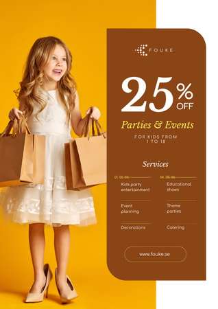 Party Organization Services Offer with Girl with Bags Poster Design Template